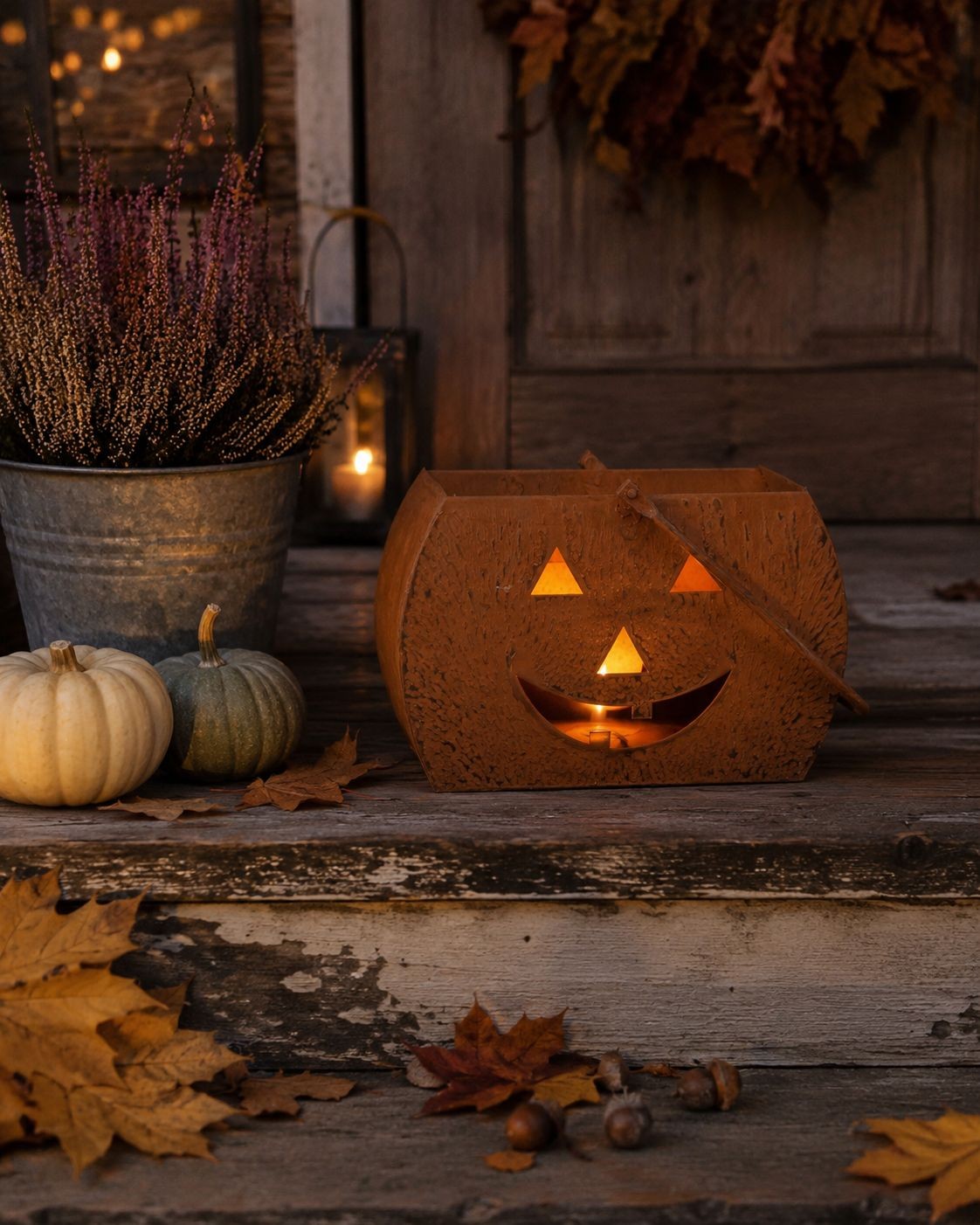 Rustikální rezavá lucerna dýně Halloween - 30*15*19 cm