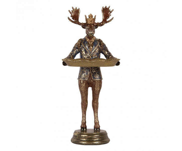 Dekorativní figurka jelen hnědý se zlatou patinou a podnosem – 16*15*36 cm Clayre & Eef