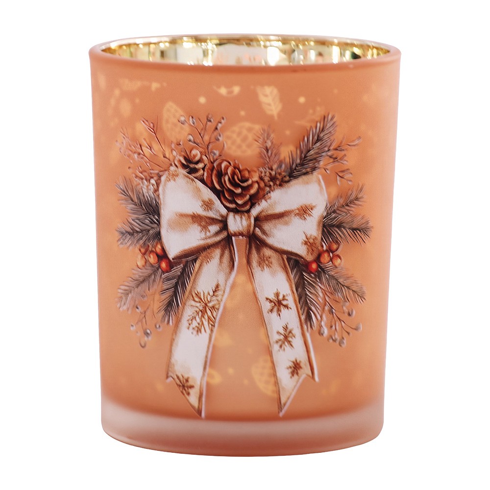 Elegantní vánoční skleněný svícen s mašlí M – Lososový - Ø 10*13 cm