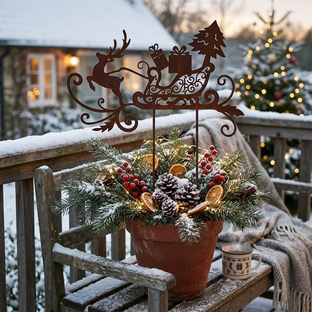 Kovový rustikální zápich se sobem a vánočními sáněmi Sled Rust - 19*1*45 cm Clayre & Eef Kovový rustikální zápich se sobem a vánočními sáněmi Sled Rust - 19*1*45 cm Clayre & Eef