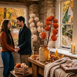 Dekorační větvička se sametovými dýněmi Pumpkin Velvet - 6*4*56 cm