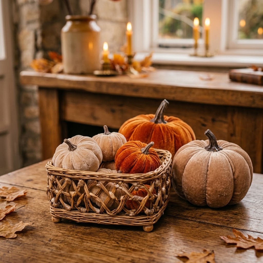 Béžová dekorační sametová dýně Pumpkin Velvet - Ø 6 cm