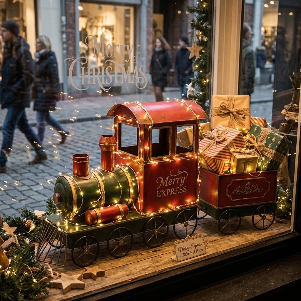 Velká červená kovová vánoční dekorace vlak Merry Express - 280*75*135 cm