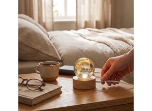 LED stolní lampička na dřevěném podstavci - zeměkoule - Ø 6 cm / USB