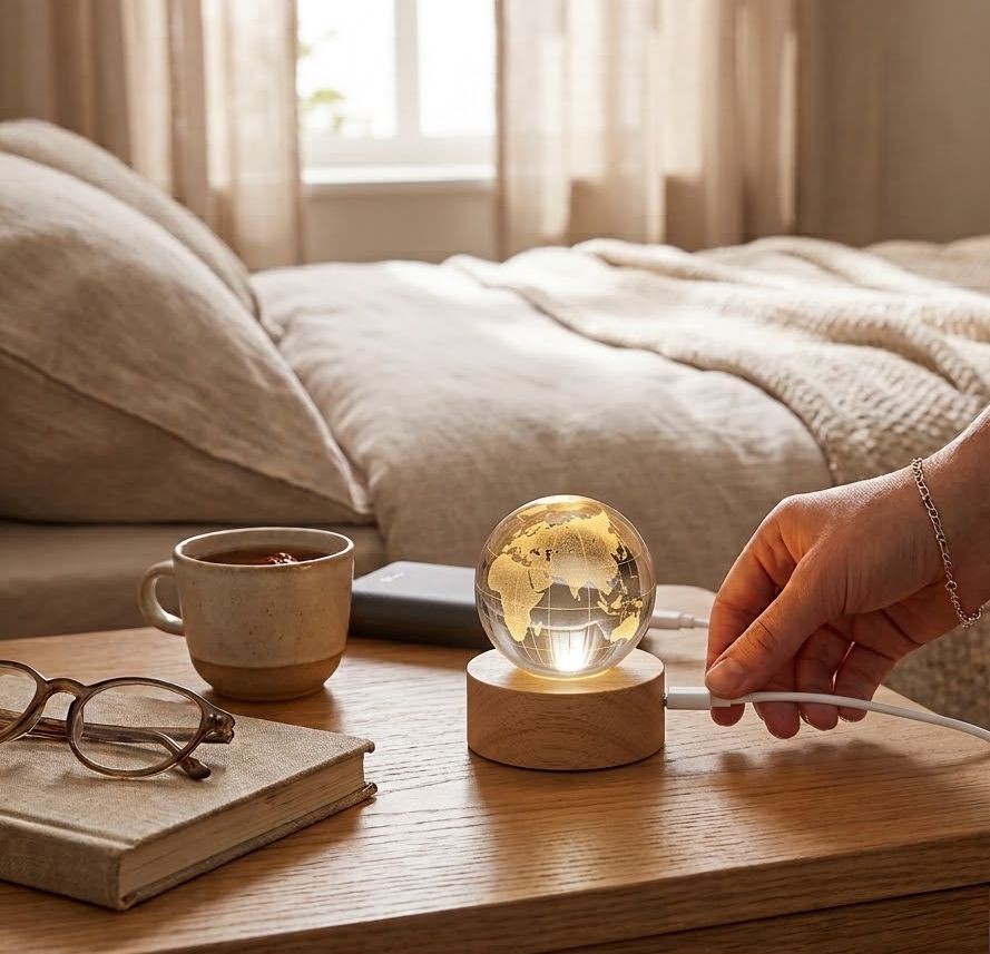 LED stolní lampička na dřevěném podstavci - zeměkoule - Ø 6 cm / USB Clayre & Eef LED stolní lampička na dřevěném podstavci - zeměkoule - Ø 6 cm / USB Clayre & Eef