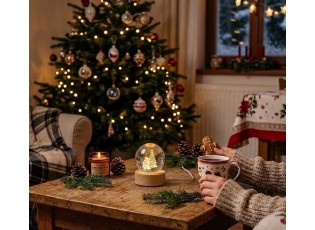 LED stolní lampička na dřevěném podstavci - Santa u stromku - Ø 6 cm / USB