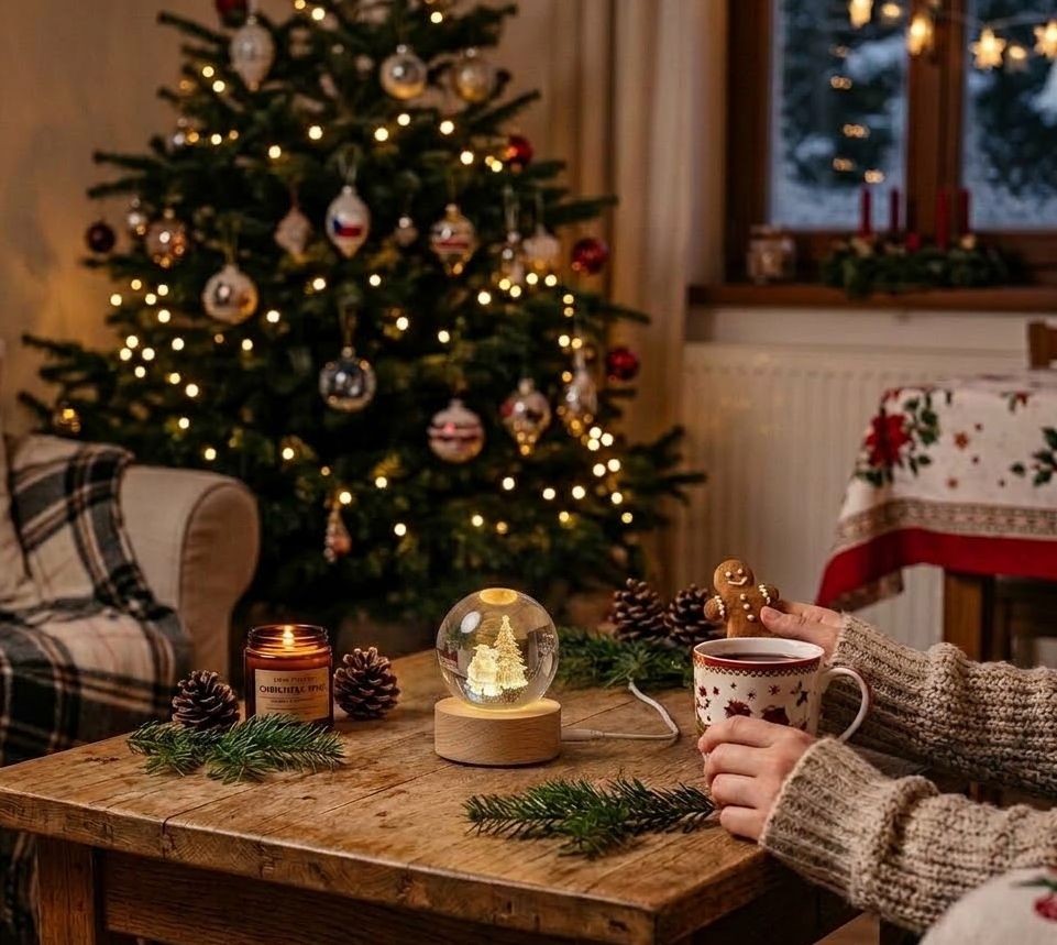 LED stolní lampička na dřevěném podstavci - Santa u stromku - Ø 6 cm / USB