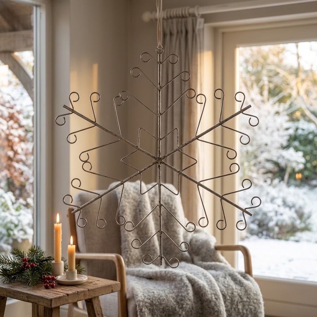 Stříbrná antik veliká kovová závěsná vločka Snowflake - 43*1*48 cm