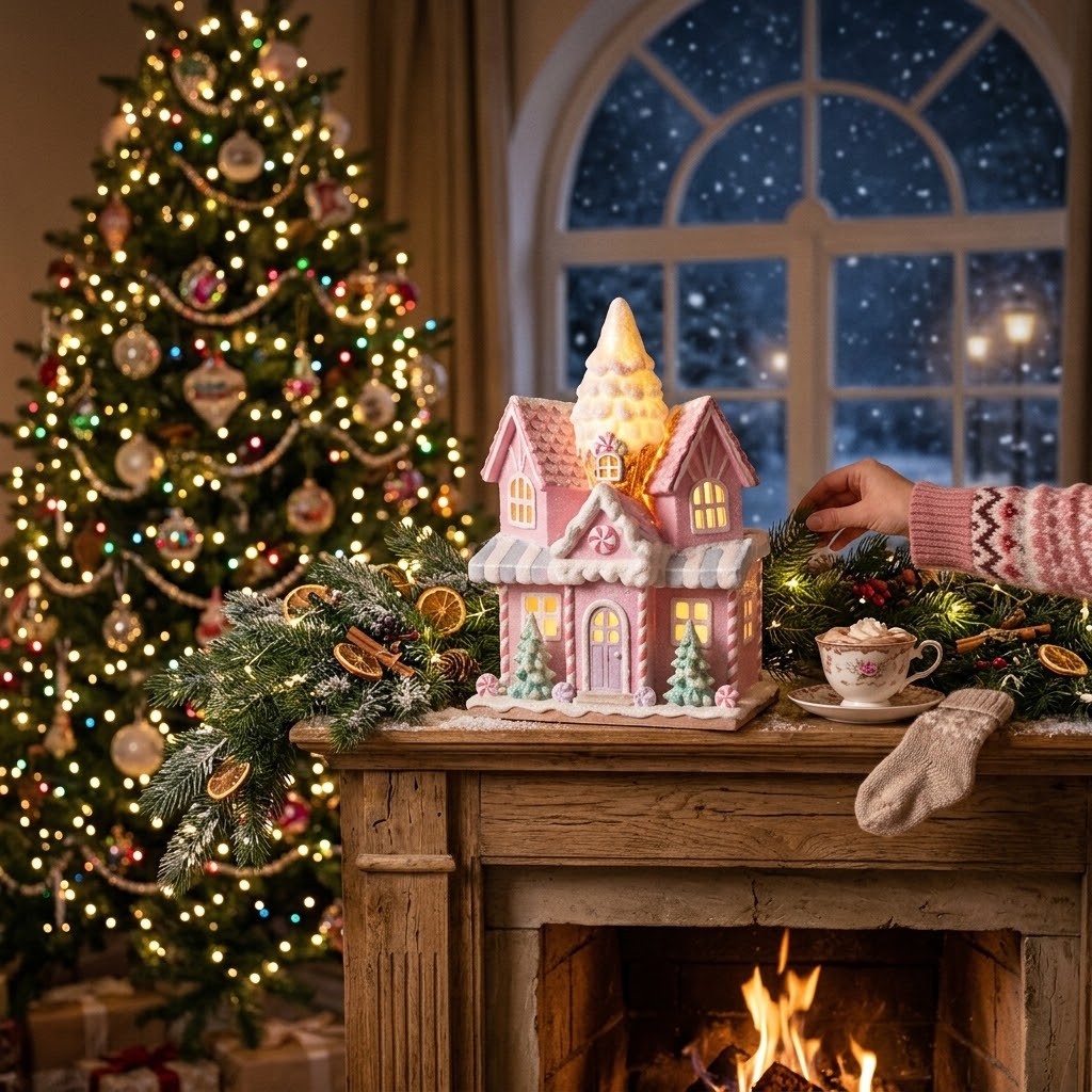Ružový svietiaci LED domček Pastel Christmas Chic - 21*14*28 cm / 2*AAA