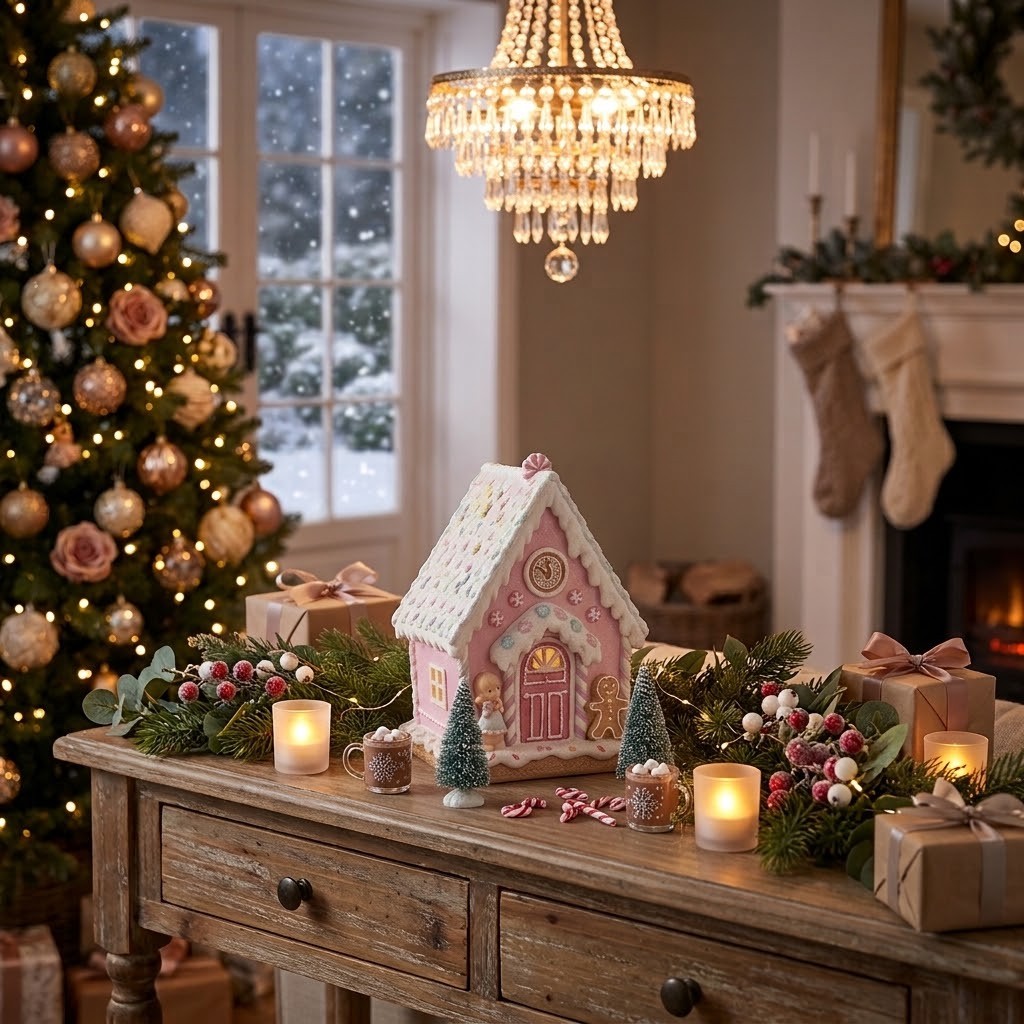 Kouzelná růžová perníková chaloupka Pastel Christmas Chic - 13*10*16 cm