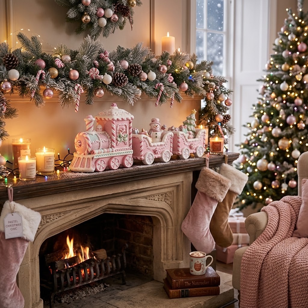 Vánoční dekorace růžový cukrový vláček Pastel Christmas Chic - 45*12*19 cm