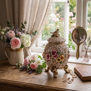 Luxusní dekorační dóza s květy a ptáčkem Vintage Chic - 22*21*30 cm