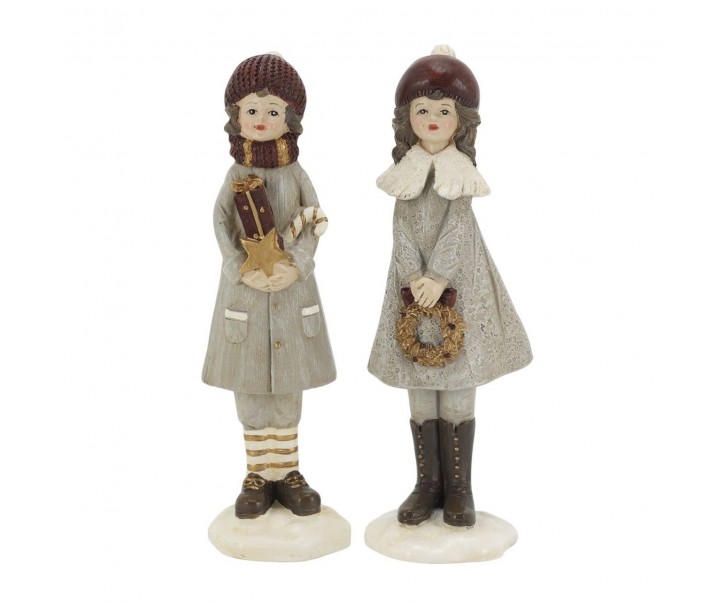 Šedá vánoční dekorace chlapec s dívkou Noël – 4*4*14,5 cm Chic Antique