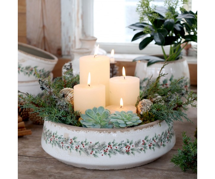 Béžová keramická mísa s cesmínou Holly Christmas Antique – Ø 30*10 cm Chic Antique