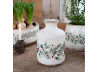 Béžová keramická váza s cesmínou Holly Christmas Antique – Ø 11*17,5 cm
