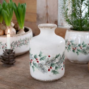 Béžová keramická váza s cesmínou Holly Christmas Antique – Ø 11*17,5 cm