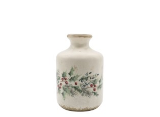 Béžová keramická váza s cesmínou Holly Christmas Antique – Ø 11*17,5 cm