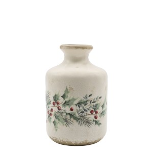 Béžová keramická váza s cesmínou Holly Christmas Antique – Ø 11*17,5 cm