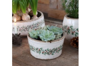 Béžový keramický květináč s cesmínou Holly Christmas Antique – Ø 16,5*9,5 cm