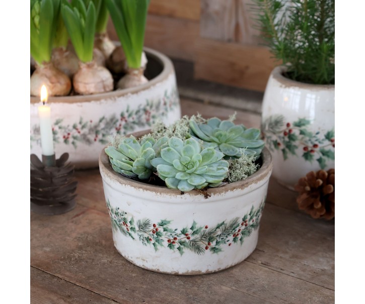 Béžový keramický květináč s cesmínou Holly Christmas Antique – Ø 16,5*9,5 cm Chic Antique