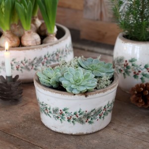 Béžový keramický květináč s cesmínou Holly Christmas Antique – Ø 16,5*9,5 cm