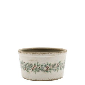 Béžový keramický květináč s cesmínou Holly Christmas Antique – Ø 16,5*9,5 cm