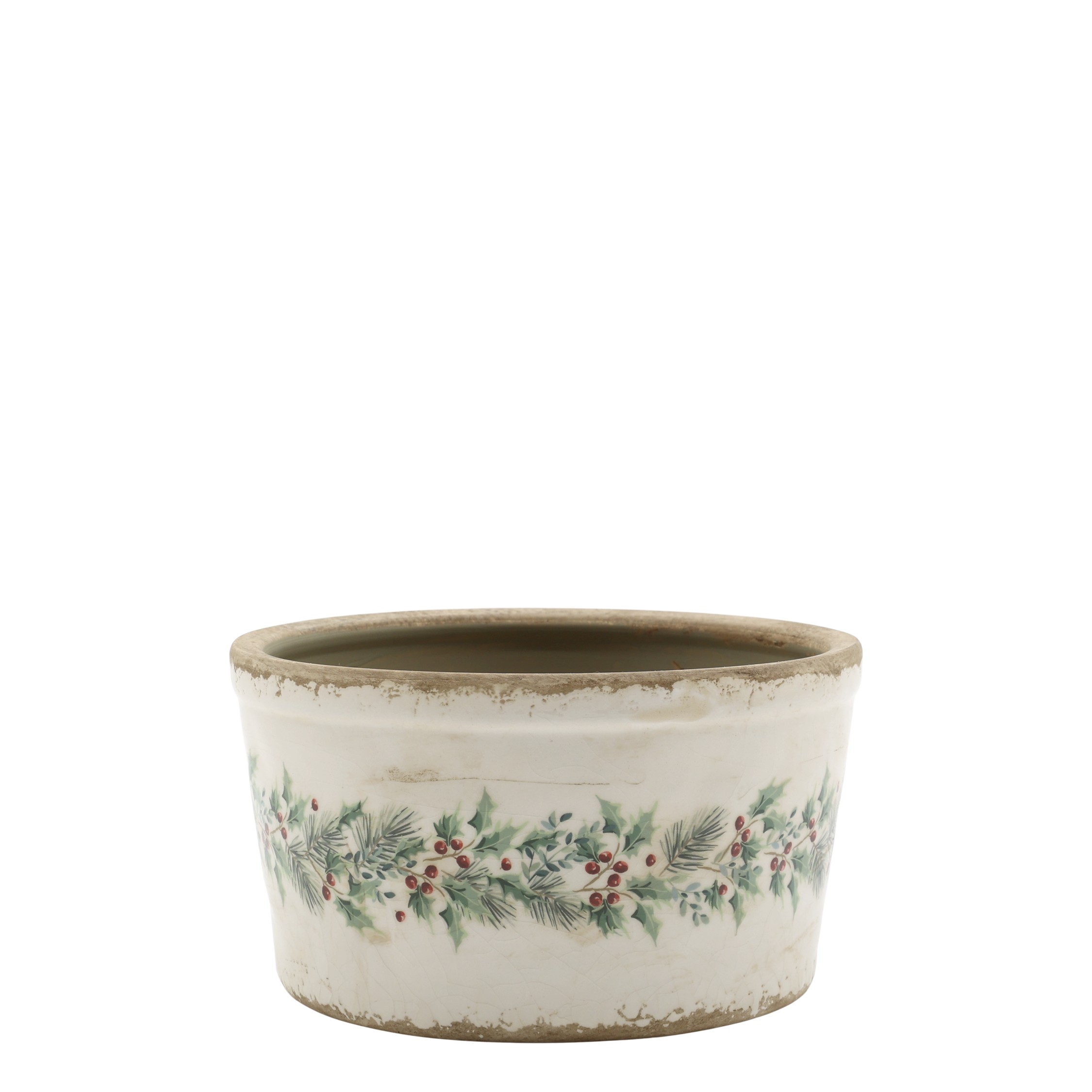 Béžový keramický květináč s cesmínou Holly Christmas Antique – Ø 16,5*9,5 cm