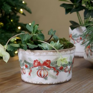 Béžový keramický květináč s vánočními ozdobami Christmas Bow & Bauble – Ø 16,5*9,5 cm