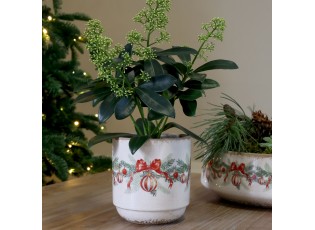 Béžový keramický květináč s vánočními ozdobami Christmas Bow & Bauble – Ø 13*13,5 cm