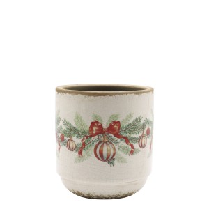 Béžový keramický květináč s vánočními ozdobami Christmas Bow & Bauble – Ø 13*13,5 cm