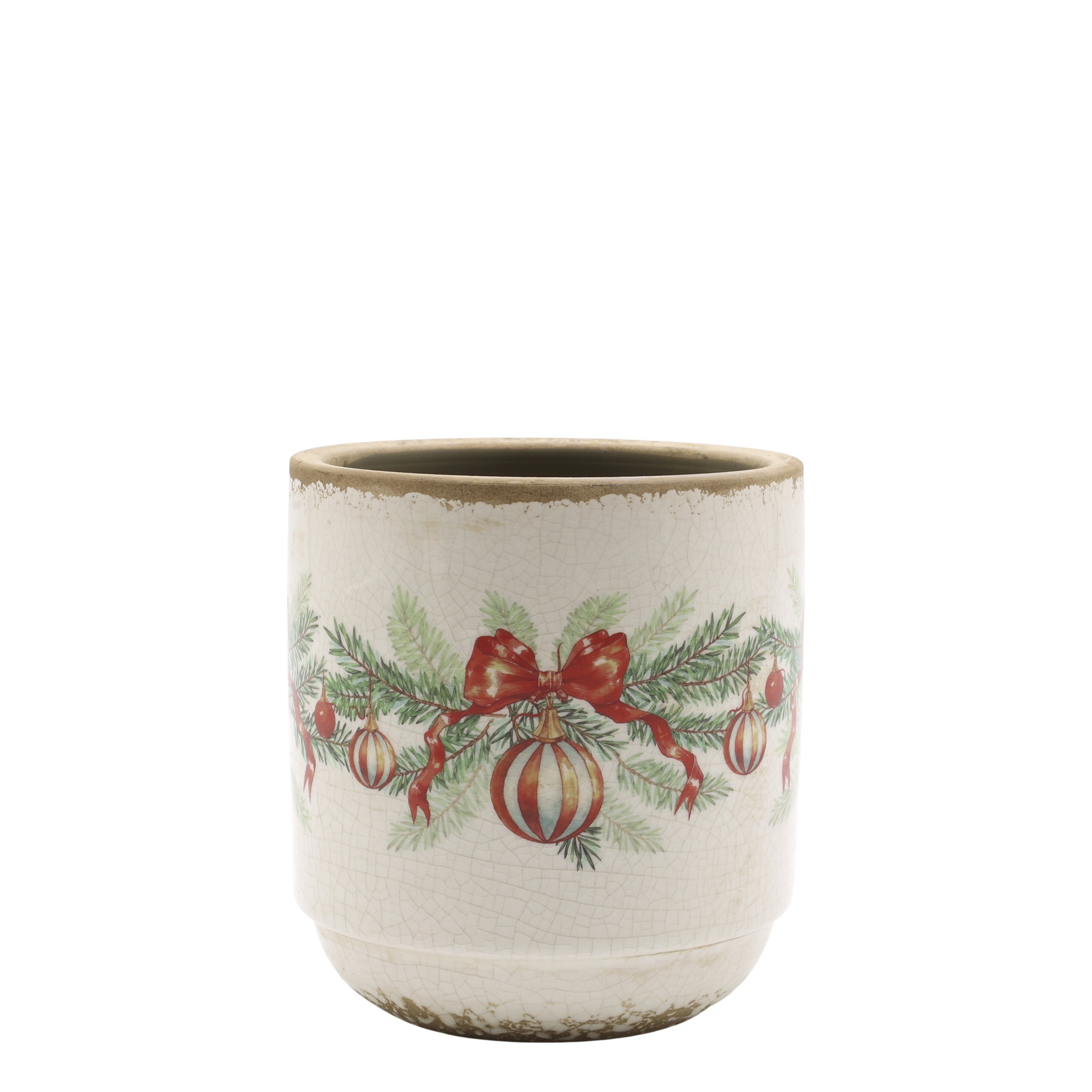 Béžový keramický květináč s vánočními ozdobami Christmas Bow & Bauble – Ø 13*13,5 cm