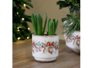 Béžový keramický květináč s vánočními ozdobami Christmas Bow & Bauble – Ø 10*10 cm