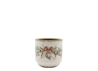 Béžový keramický květináč s vánočními ozdobami Christmas Bow & Bauble – Ø 10*10 cm