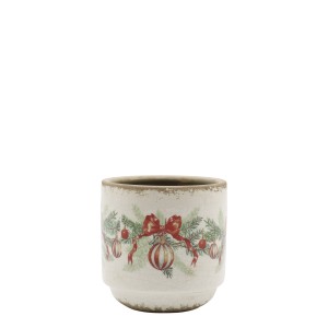 Béžový keramický květináč s vánočními ozdobami Christmas Bow & Bauble – Ø 10*10 cm