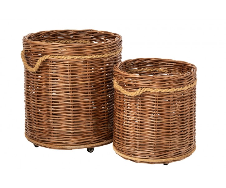 Sada 2ks hnědý proutěný koš / květináč na kolečkách – 60*60*66 / 48*48*54 cm J-Line by Jolipa