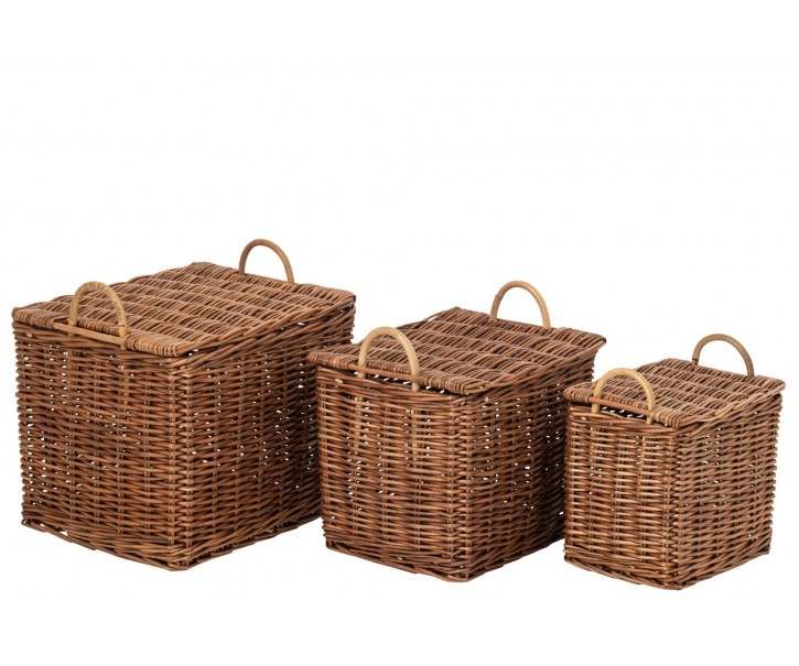 Sada 3ks hnědý proutěný koš s víkem a uchy – 49*43*49,5 / 42*35*42/ 35*42*37cm J-Line by Jolipa