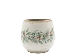 Béžový keramický květináč s cesmínou Holly Christmas Antique – Ø 17,5*16,5 cm