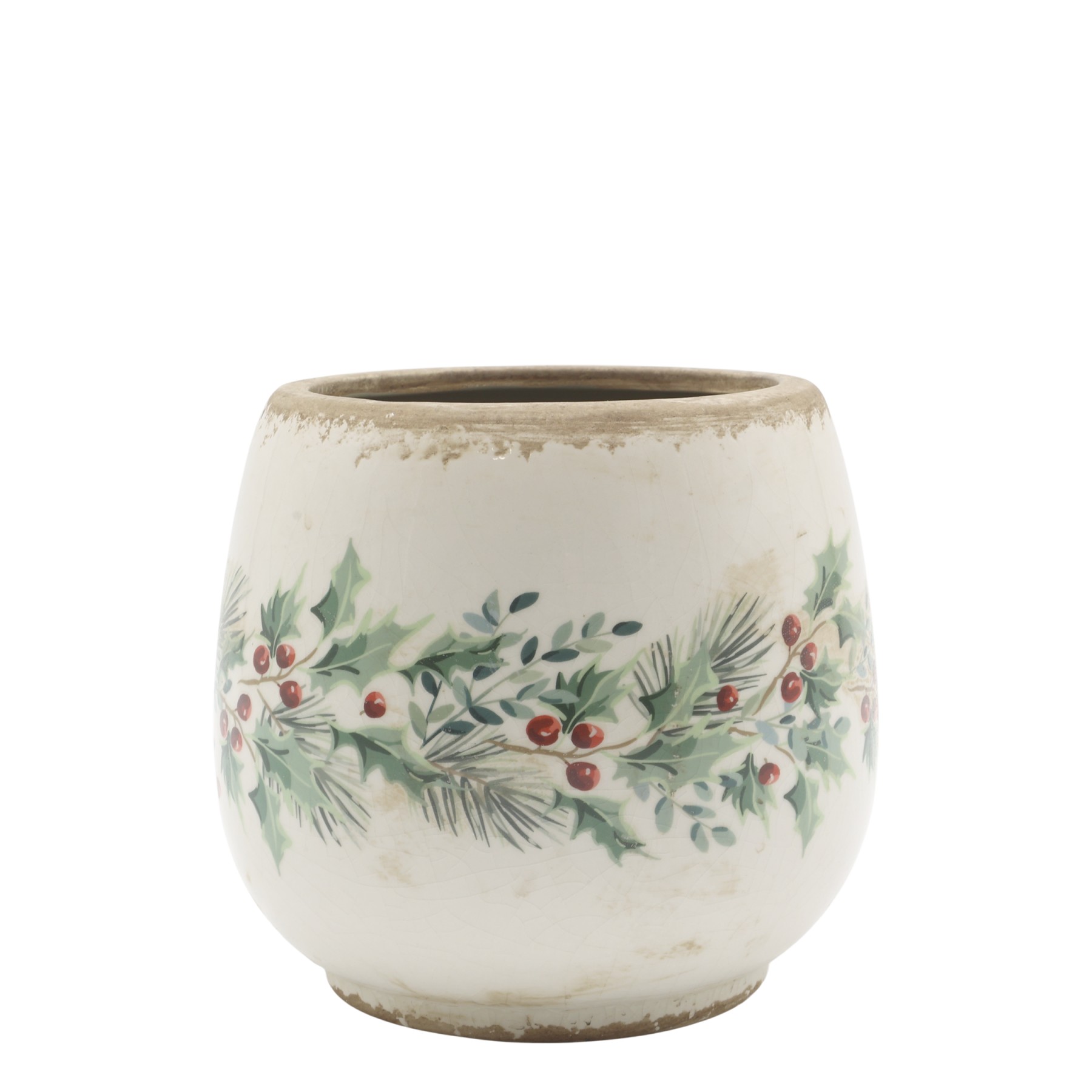 Béžový keramický květináč s cesmínou Holly Christmas Antique – Ø 17,5*16,5 cm