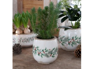 Béžový keramický květináč s cesmínou Holly Christmas Antique – Ø 15*14,5 cm