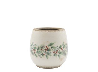 Béžový keramický květináč s cesmínou Holly Christmas Antique – Ø 15*14,5 cm