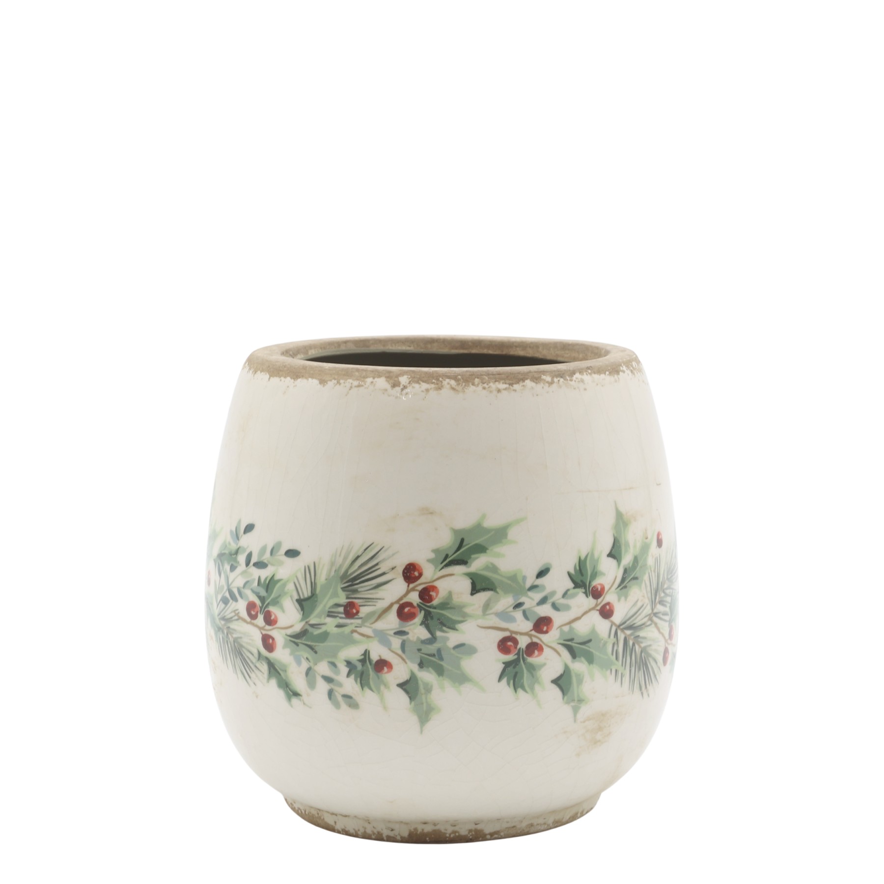 Béžový keramický květináč s cesmínou Holly Christmas Antique – Ø 15*14,5 cm