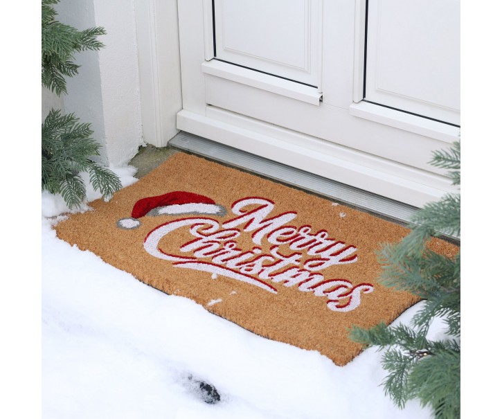 Hnědá kokosová rohožka Merry Christmas – 75*45*1,5 cm Chic Antique