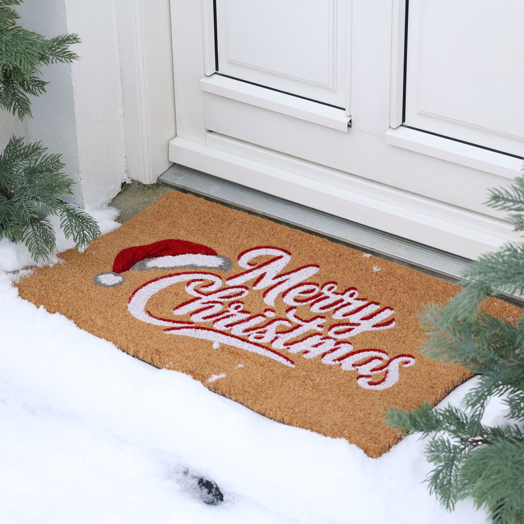 Hnědá kokosová vánoční rohožka Merry Christmas – 75*45*1,5 cm