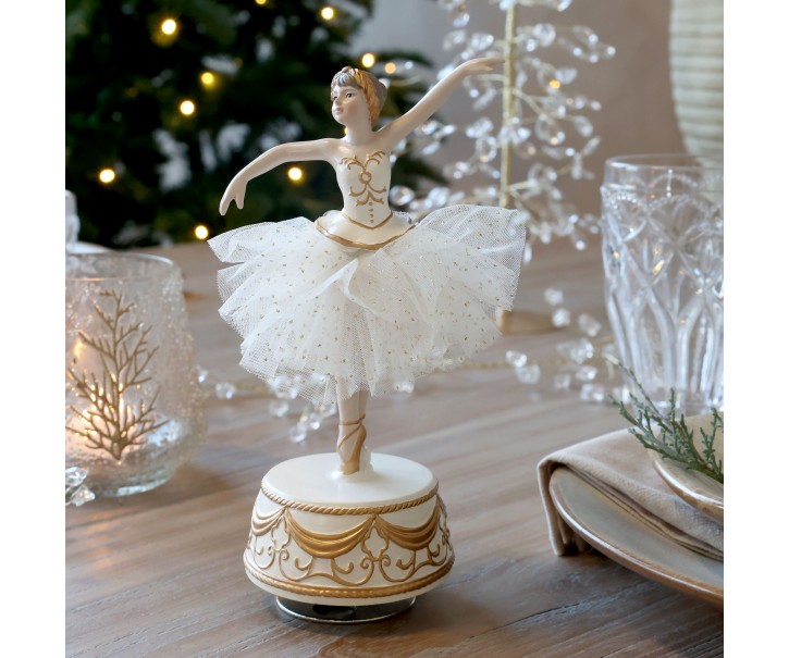 Hudební skříňka Noël baletka s tylovou sukní antique krémová polyresin polyester – 10,5*8*21,5 cm Chic Antique