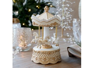 Krémová antik hudební skříňka Noël kolotoč s koníky – Ø 13*23 cm
