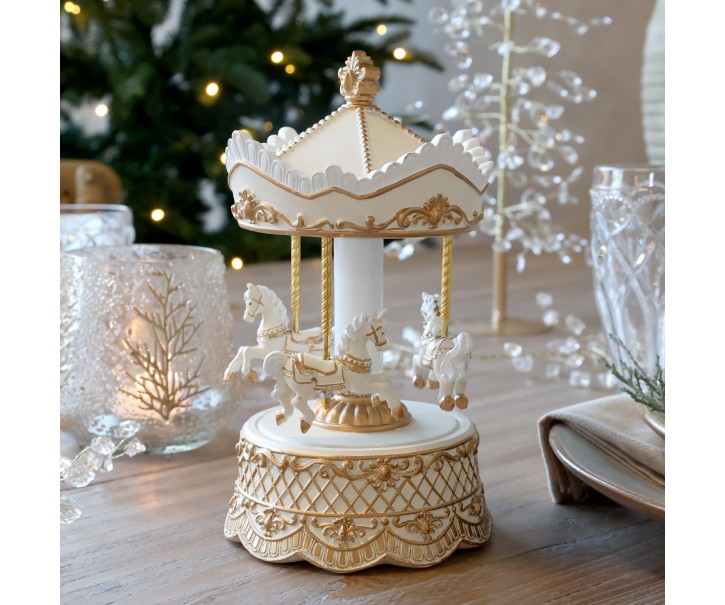 Krémová antik hudební skříňka Noël kolotoč s koníky – Ø 13*23 cm Chic Antique