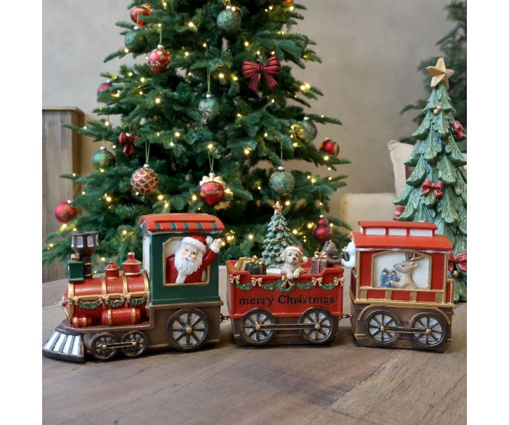 Noël vánoční vláček s 2 vagóny a LED červený polyresin – 37*8*12 cm Chic Antique