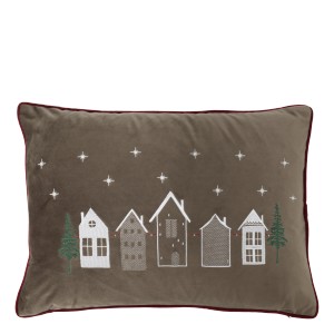 Mocca sametový povlak na polštář Aix s výšivkou domečků – 50*35 cm
