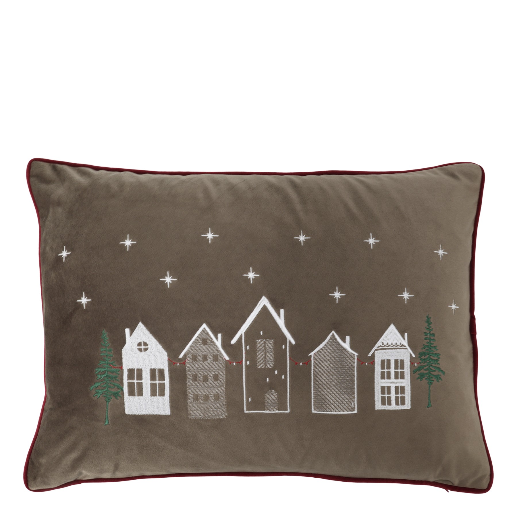 Mocca sametový povlak na polštář Aix s výšivkou domečků – 50*35 cm