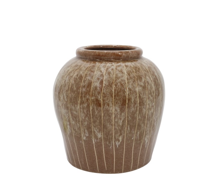 Hnědá kameninová váza s proužky Nature – Ø23*23 cm Chic Antique